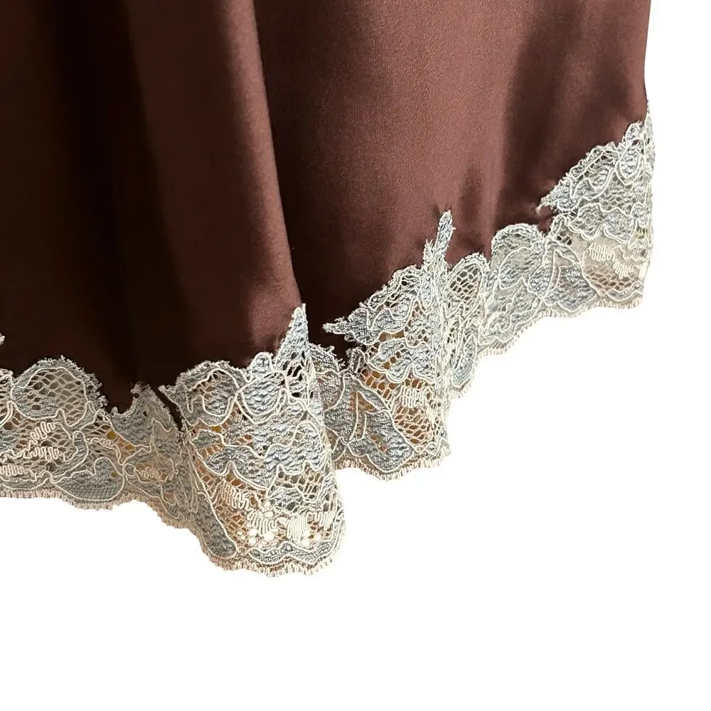 Vintage Silk Lace Trim Negligee Chemise Brown Powder Blue Small - Picture 6 of 8